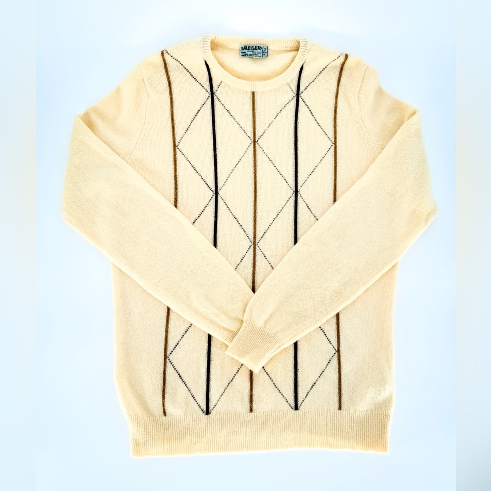 Vtg JAEGER London 100% Pure Cashmere Knit Sweater Cream Striped Scandi Grandpa M - Picture 4 of 5